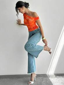 Firerie 女士不对称肩部扎染印花褶皱不对称领口T恤上衣，印花衬衫，不对称肩部上衣，春夏，海滩，通勤，优雅，性感，度假，海滩，波西米亚风，夏威夷，音乐节，浪漫，约会 - 彩色 - 查看 10