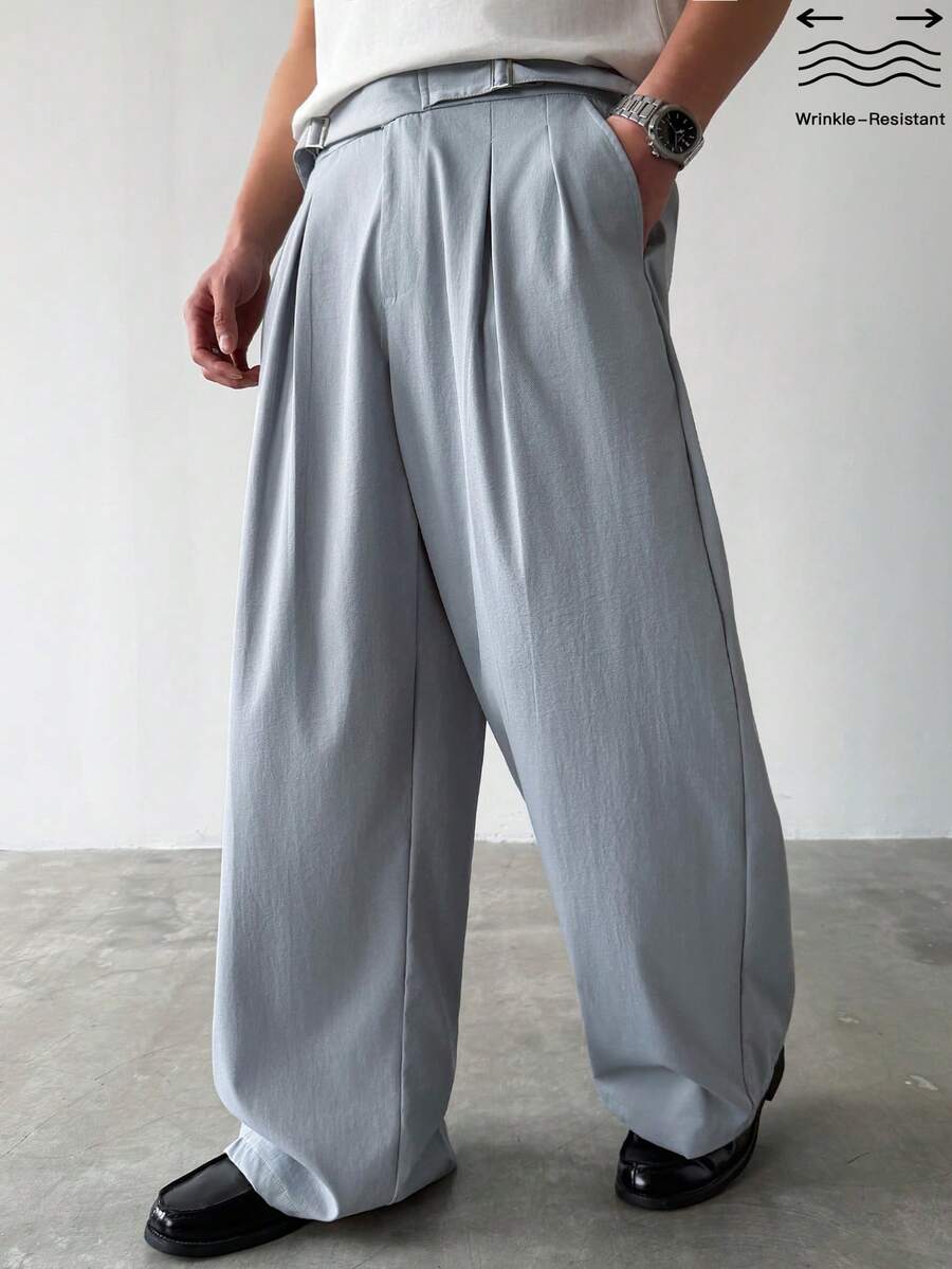 HUEFORM Men's Solid Color Baggy Pleated Wide Leg Loose Casual Pants Japanese Pants Grey Pants Pleated Pants Oversized Pants - Dusty Blue - View 1