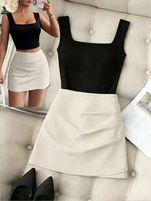 GlowEve New Set: Black Square Neck Wide Strap Camisole Tank Top + High Waist Pleated A-Line Skirt, Fashionable Summer Outfit For Women - Multicolor - View 7