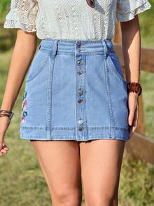 SHEIN Holidaya Women's Retro Slimming Loose A-Line Casual Embroidered Fashionable Denim Skirt - Medium Wash - View 4