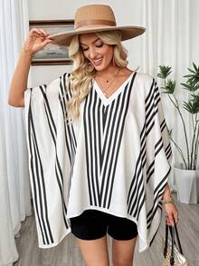 EMERY ROSE 2pcs/Set Summer Casual Striped Batwing Top And Shorts Set - Multicolor - View 5