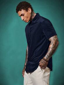EASEVO Plus Size Men's Casual Daily Summer Commute Front Button Short Sleeve Shirt - Navy Blue - View 3