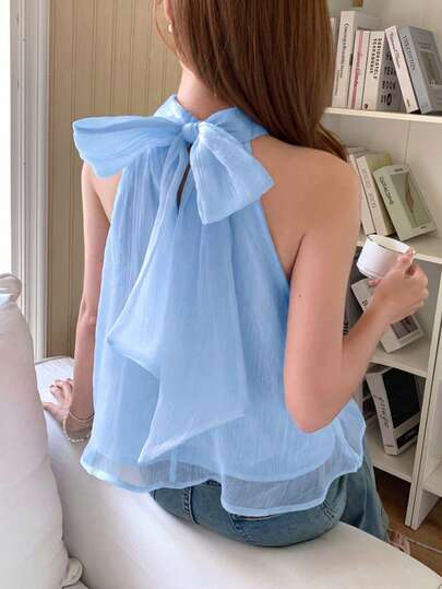 SHEIN Áo kiểu cổ yếm bằng chiffon màu xanh dương thanh lịch dành cho thiếu nữ, trang trí nơ.