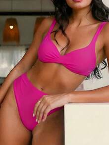 SHEIN Bộ đồ bơi 2 mảnh màu hồng, dây xoắn cao cấp mới dành cho nữ, trang phục đi biển mùa hè - Màu Hồng Tươi - Xem 3