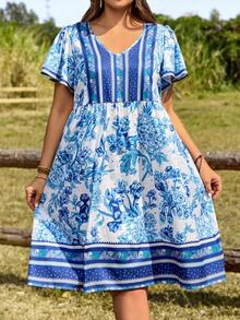 EMERY ROSE 大码女式碎花V领荷叶边短袖休闲连衣裙 - 彩色 - 查看 3