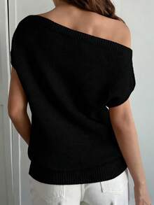 DAZY 女士优雅不对称肩部短袖毛衣 - 黑色 - 查看 3