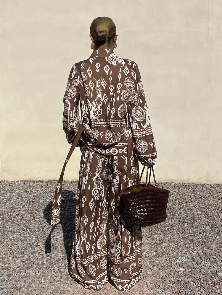 Women's Casual Floral Print Shirt And Wide Leg Pants 2 Pieces Set, Spring/Summer Boho