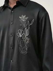 STYNVO 男士花卉刺绣长袖单排扣休闲衬衫 - 黑色 - 查看 4