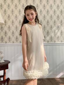 DAZY Tween Girl Pearl Decor Round Neck Bow Shoulder Decor Sleeveless Dress - Apricot - View 6