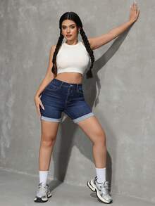 SHEIN Tall Women's Summer Casual High Waist Denim Shorts High-Stretch, Comfortable Fabric Cuffed Hem Dark Blue Stretchy Jean Shorts With Pockets Perfect For Beach & Vacation Outfits Women's Solid Color Casual Denim Shorts - Dark Wash - View 6