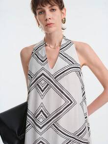 Aalyst Vestido sin mangas con estampado geométrico para mujer, informal para fiestas y salidas - Blanco y Negro - Ver 3