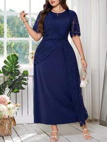 Reflora 大码优雅纯色蕾丝拼接连衣裙，夏季 - 藍色 - 查看 3