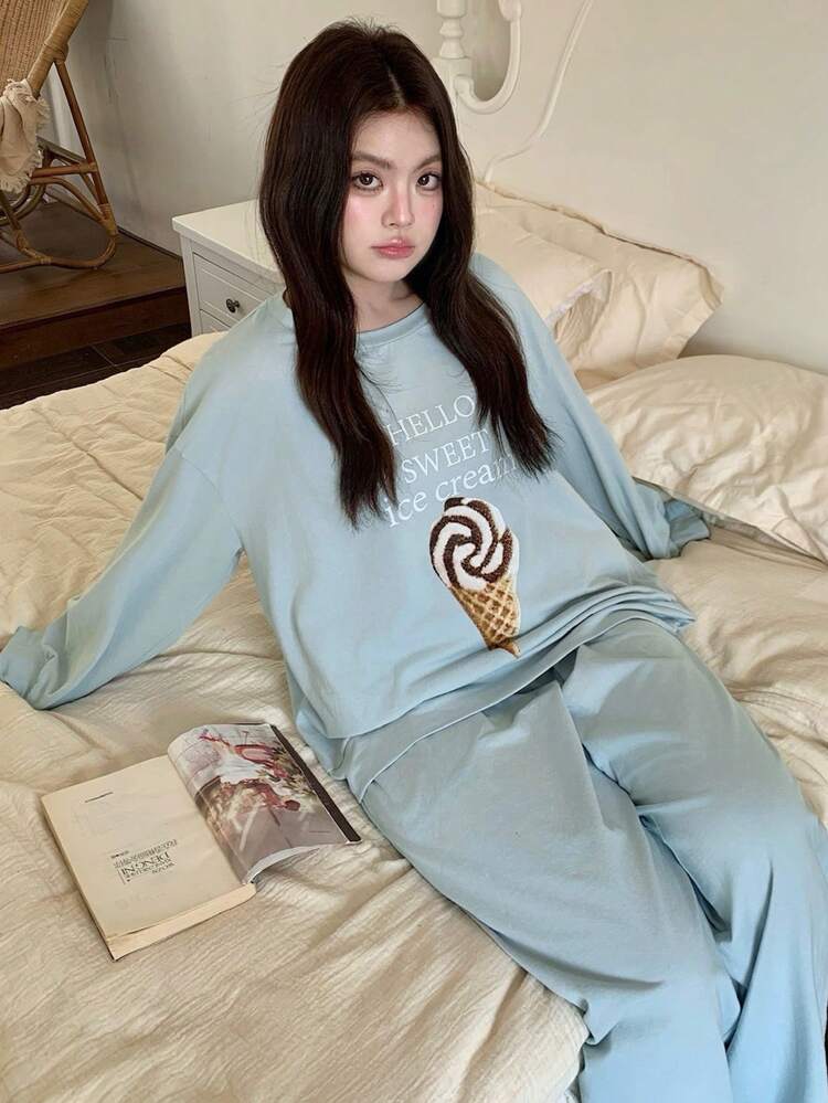 Dazy Plus Fashionable Printed Loose Fit Round Neck Top And Long Pants Sleepwear Set, Plus Size Women, Spring/Autumn