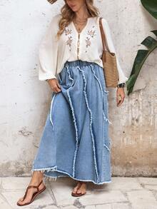 EMERY ROSE 度假休闲水洗毛边长款牛仔裙 - 藍色 - 查看 7