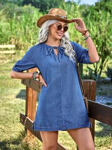 Selianne Women's Tie Collar Short Sleeve Casual Loose Denim Dress - Medium Wash - View 6