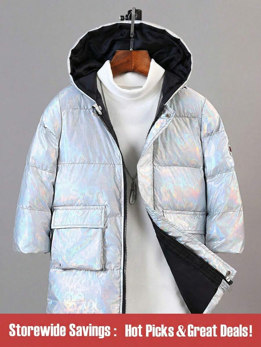 SHEIN Hooded Long Thick Padded Coat For Young Boy In Winter, With Letter Pattern, Metallic Coating & Contrast Lining - Silver - View 1