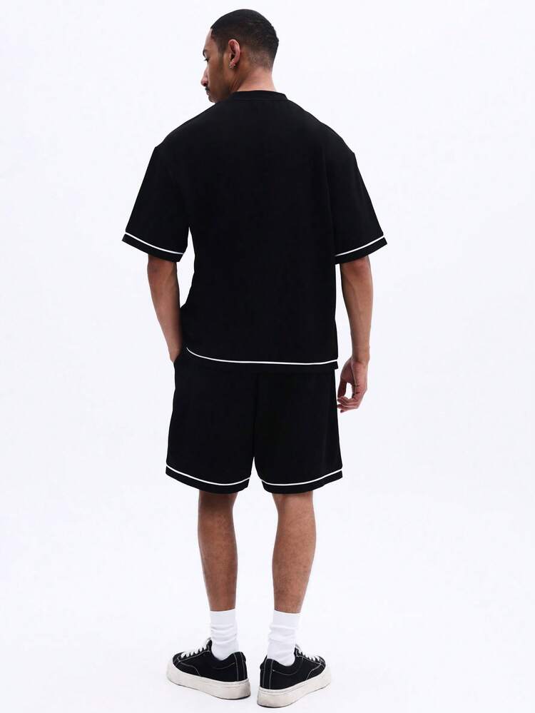 Classic Black Crew Neck T-Shirt And Shorts Co-Ord Set With White Contrast Piping Detail Casual Loungewear Outfit For Summer