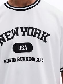 SUMWON Maglietta a girocollo a maniche corte stile varsity da uomo con stampa "New York Running Club" e bordi a righe, design ispirato all'atletica - Bianco - Visualizzare 5
