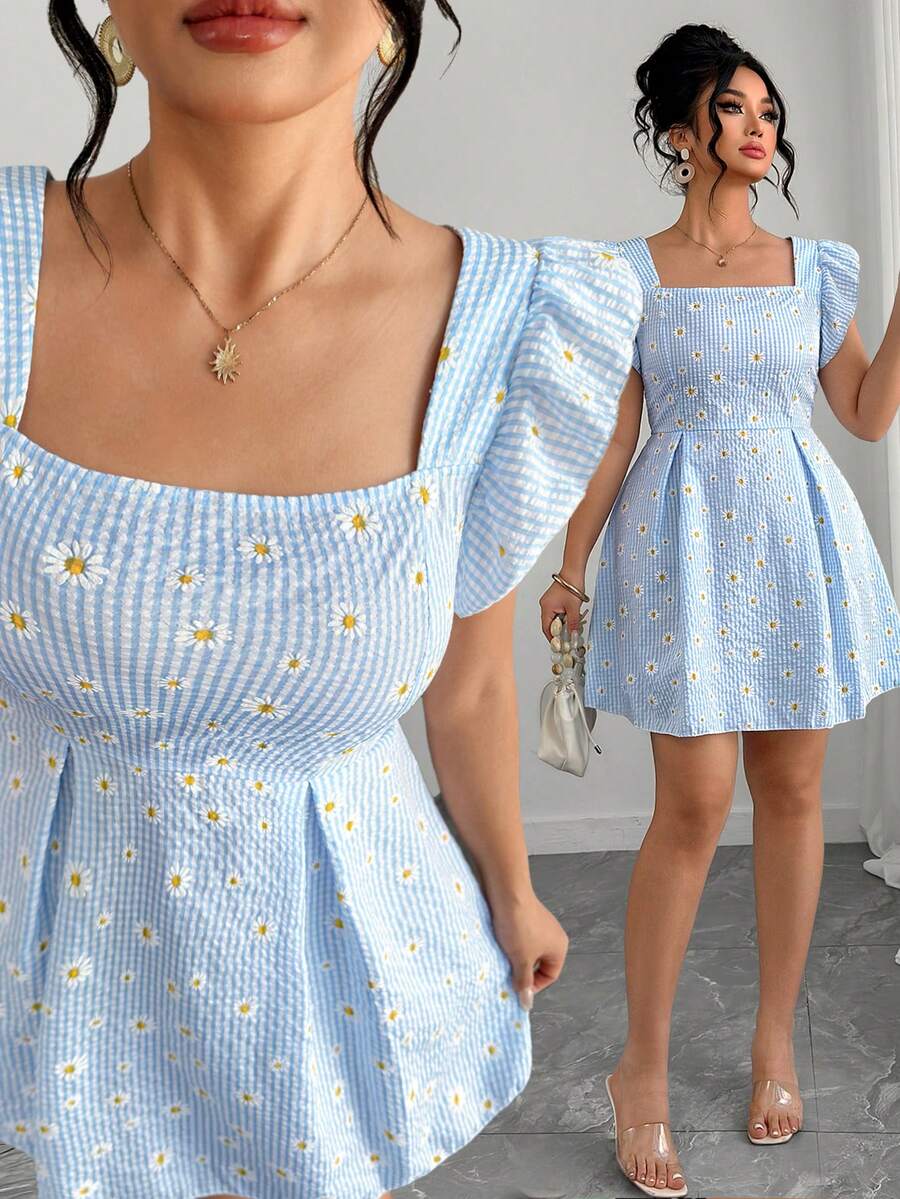 Elenzga 大码女装夏季清新雏菊印花方领泡泡袖A字连衣裙，复古甜美蓝条纹雏菊印花泡泡袖连衣裙，时尚方领短袖碎花连衣裙，适合夏季日常穿着、购物或与朋友聚会 - 藍色 - 查看 1