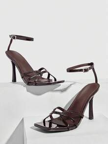 CUCCOO SZL Women's Square Toe Rhinestone Ankle Strap Sandals For Christmas - Coffee Brown - View 3