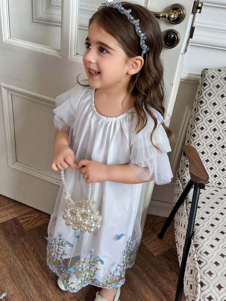 Young Girl Patchwork Butterfly Embroidery Mesh Round Neck Ruffle Sleeve Loose Dress Vacation