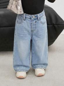 Quần ống rộng dáng suông màu xanh denim kiểu retro cho bé gái - Rửa nhẹ - Xem 5