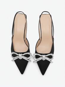 Eladyva Sapatos de salto alto femininos plus size para outono/inverno, com laço decorativo, bico fechado, elegantes, estilo mule, para festas. - Preto - Ver 4