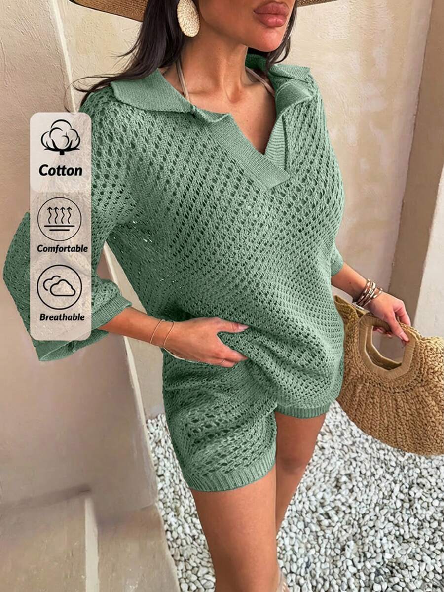 EURMUSE Casual Tropical Oversized Mesh Knit Top With Polo Collar - Perfect For Layering In Sage Green Set With Shorts Beach Vacation Summer - Mint Green - View 1