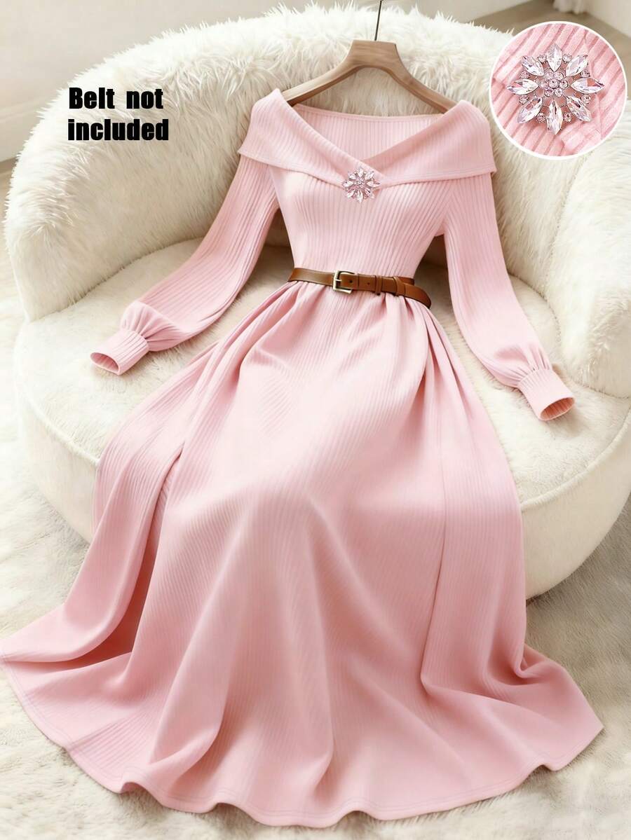 Franclia Vestido de punto con escote en V francés para mujer, falda acampanada con cintura ceñida, elegante y suave, adecuado para fiestas y citas - Rosa - Ver 1