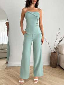 SHEIN Women Two Pieces Outfits Tops And Pant Sets - Mint Green - View 6