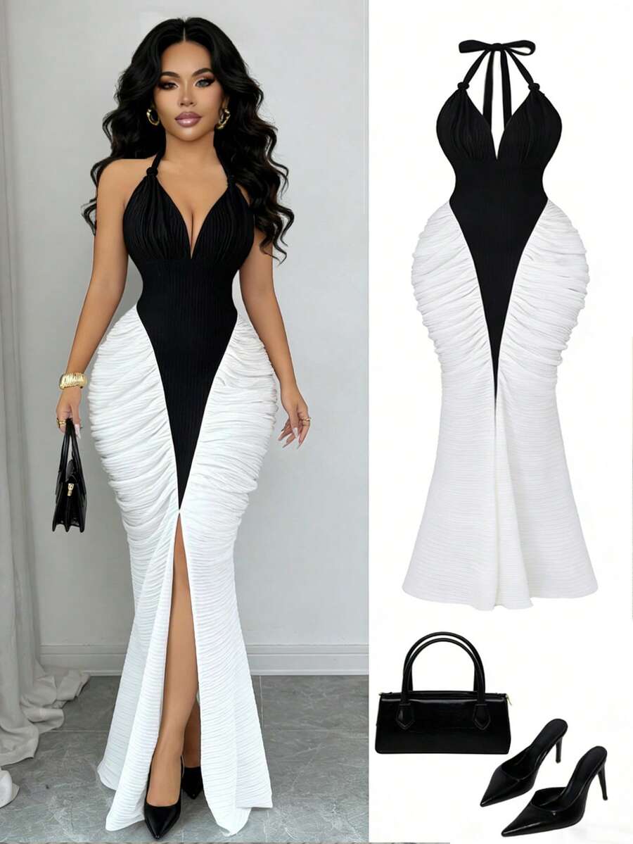 Elenzga 新款女士吊带蝴蝶结针织纹理弹力修身优雅派对褶皱开衩撞色设计连衣裙 - 黑與白 - 查看 1