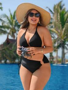 Swim Lushoire New Plus Size Women High Waist Drawstring Solid Black Triangle Bikini Bottom With Metal Decor - Black - View 6