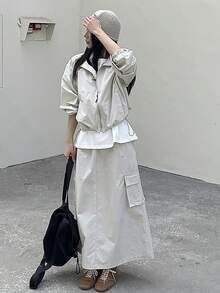 DAZY 女士纯色长袖拉链外套和带工装口袋的A字裙休闲两件套夏季家居服套装，女士短款套装 - 灰色 - 查看 5