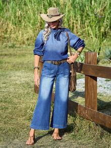 EMERY ROSE Women's Casual Denim Blouse With Bow Collar And Raglan Sleeves - Medium Wash - View 6