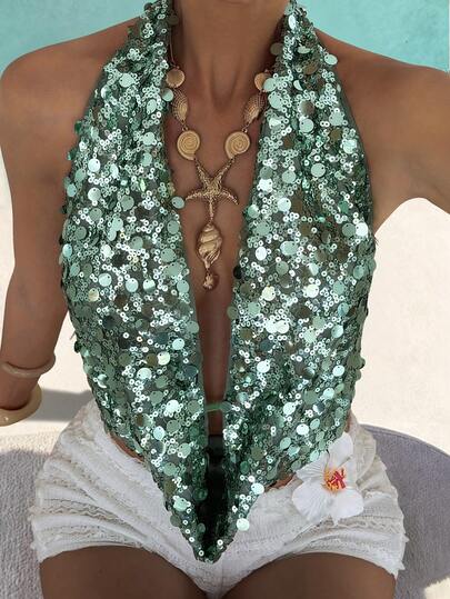 Livesso 女士度假沙滩亮片露背吊带背心