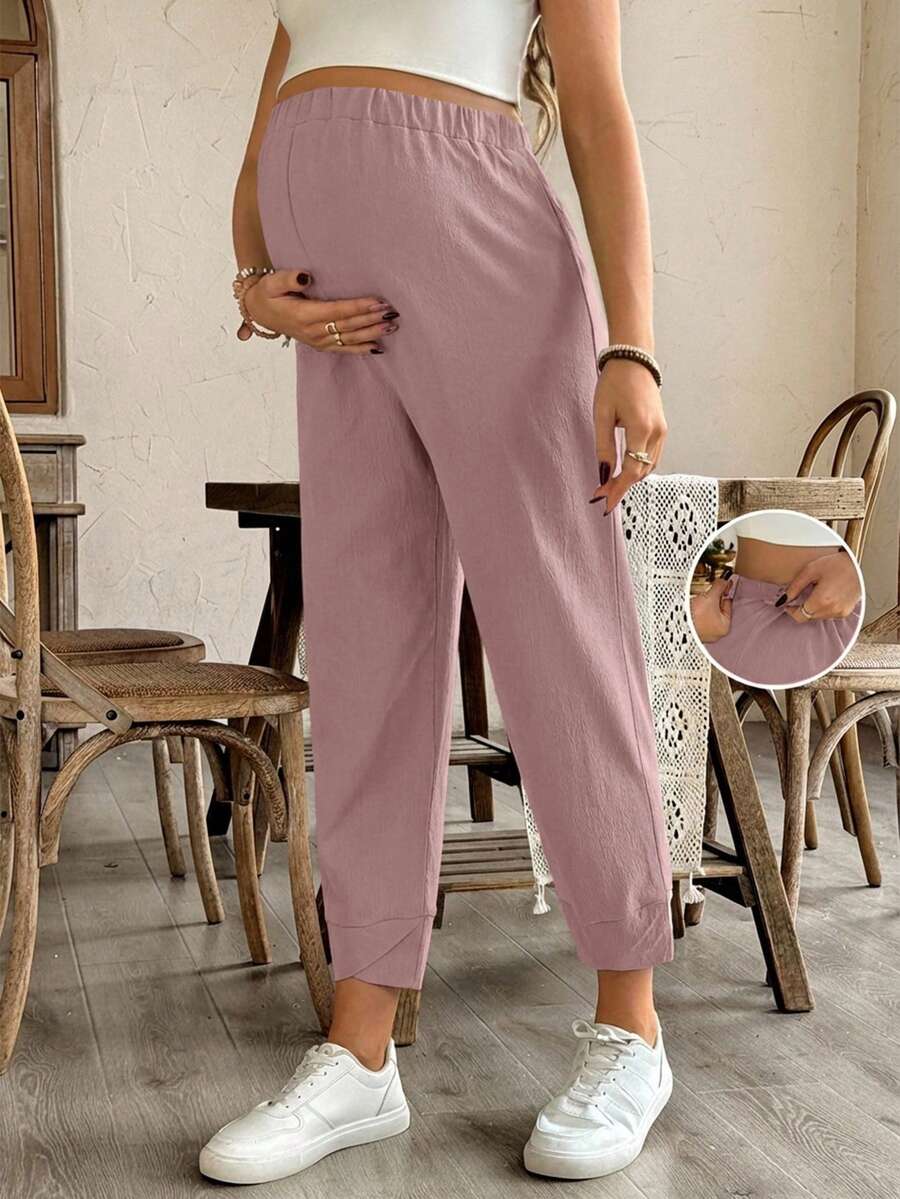 SHEIN بنطلون حمل ذو خصر مطاطي بلون أحادي ضيق - وردي مغبر - مشاهدة 1