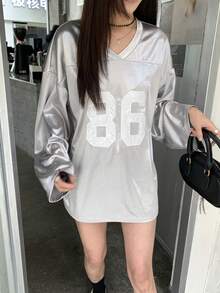 DAZY Áo thun dài tay cổ chữ V kiểu Hàn Quốc in chữ dành cho nữ - Bạc - Xem 3