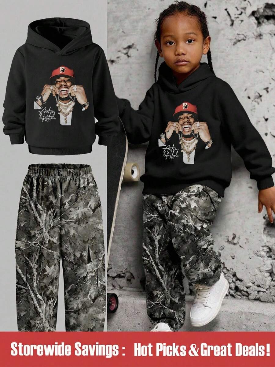 Bộ 2 món gồm áo hoodie và quần cargo cho bé trai, trang phục mùa đông, áo hoodie đen phong cách đường phố và quần cargo rằn ri, trang phục thu đông cho trẻ em. - Nhiều màu - Xem 1