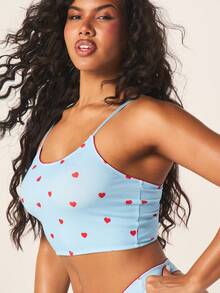 MISSGUIDED Women's Heart Print Cami Bralette Thong Lingerie Set Light Blue Cute Valentine's Day Intimate Sleepwear Two Piece - Blue - View 4