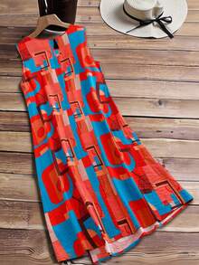 EMERY ROSE Women's Casual Sleeveless Round Neck Random Print Flared Midi Plus Size Dress - Burgundy - View 2