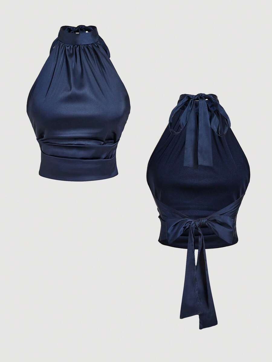 SHEIN MOD Women's Solid Color Halter Tie Backless Ruched Sexy Versatile Top For Dates & Outings, Summer Holiday, Ceremony, Beach Vacation, Going Out, Graduation Ceremony , Party, Vintage - Navy Blue - View 1