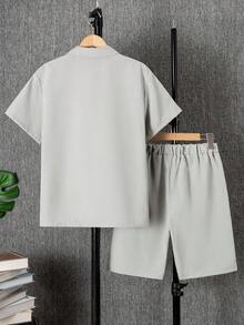 SHEIN Mirajuku 青少年街头风3D口袋短袖衬衫短裤套装 - 灰色 - 查看 2