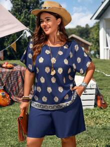 EMERY ROSE 大码女式印花短袖衬衫和短裤休闲两件套 - 藏蓝色 - 查看 5