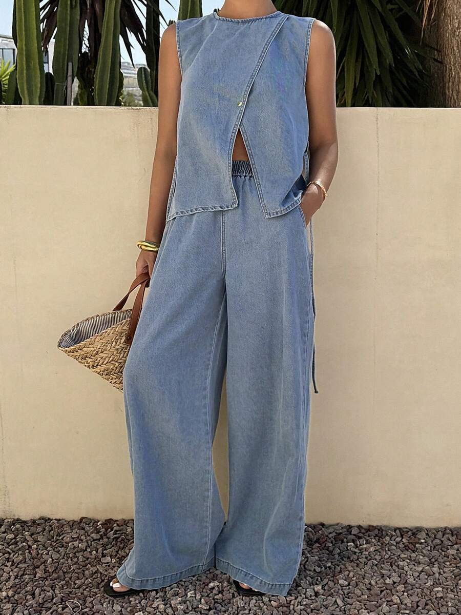 DAZY 女士休闲开衩腰带吊带背心和阔腿牛仔裤两件套，春夏款 - 中等水洗藍 - 查看 1