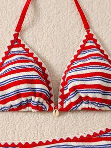 SHEIN 2pcs/Set Teen GirlSummer New Red Striped Halter Fashionable Bikini Set, Suitable For Beach Vacation - Red - View 4