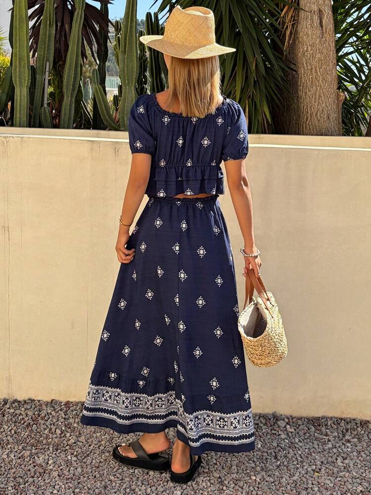 Women's Elegant Floral Print Tie-Waist Shirt And Skirt 2-Piece Set, Summer Off The Shoulder