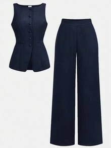 Girlism 少女衬衫套装，新款秋冬通勤风仿口袋装饰船领藏蓝色西装外套和西装裤两件套 - 藏蓝色 - 查看 3
