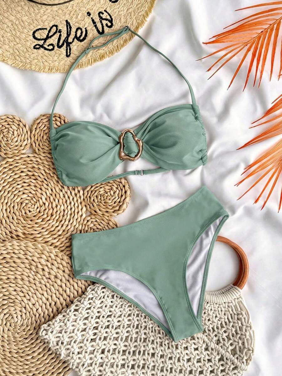 SHEIN 少女纯色无肩带系带金属饰品比基尼套装，夏季泳装/沙滩女孩装/两件式泳衣/青少年比基尼套装 - 薄荷綠 - 查看 1