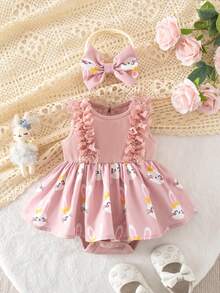 SHEIN 新生儿条纹连体衣，二合一连体衣 - 淺粉色 - 查看 3