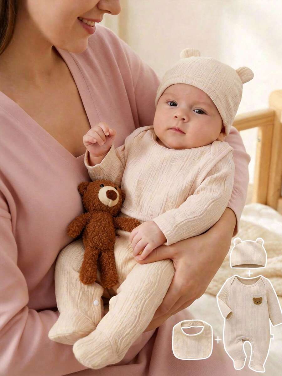 Souflis Souflis 新生儿长袖连体衣、围兜和帽子三件套,针织提花面料,饰有可爱小熊刺绣,款式萌趣十足 - 杏色 - 查看 1